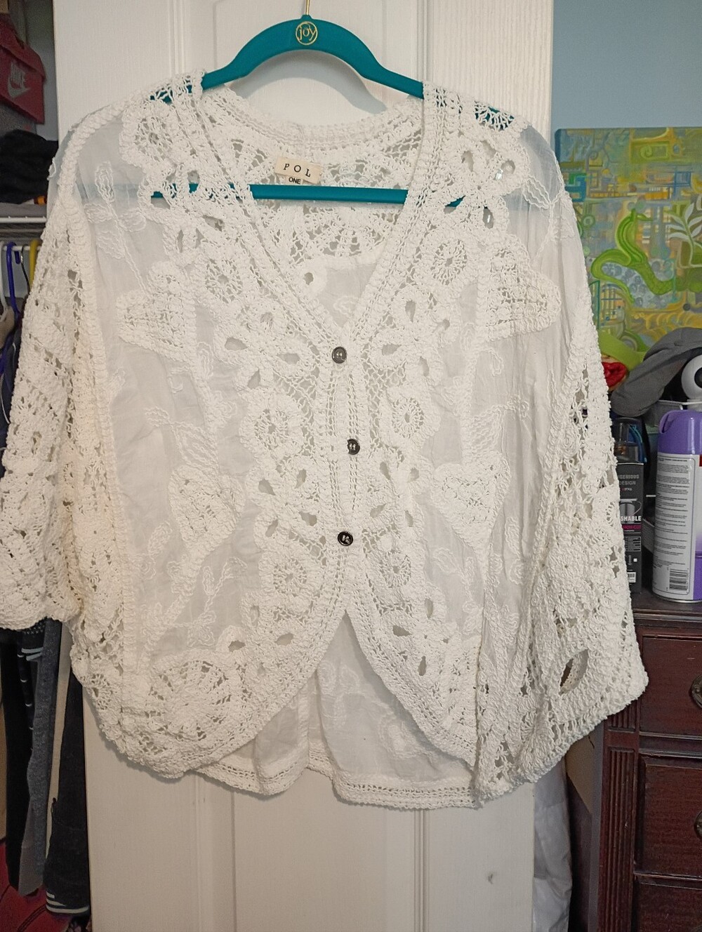 POL Boho Crochet Lace Button Front Kimono Top Ivory